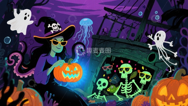 高清大图下载【趣麦麦图】万圣节女巫与骷髅的奇幻夜