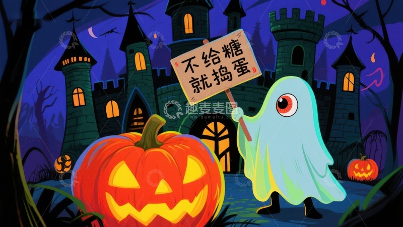 高清大图下载【趣麦麦图】万圣节幽灵与南瓜灯的夜晚