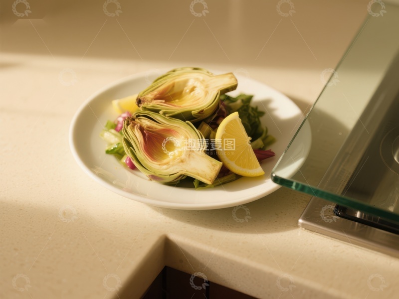 高清大图下载【趣麦麦图】盘中新鲜切开的洋蓟配柠檬