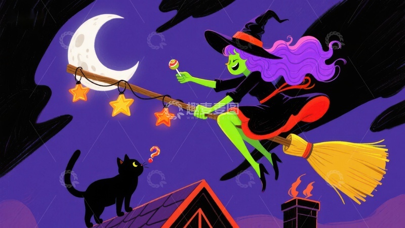 高清大图下载【趣麦麦图】巫女骑扫帚夜空飞行