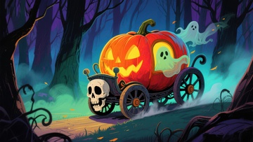 万圣节南瓜车在幽灵森林中穿行