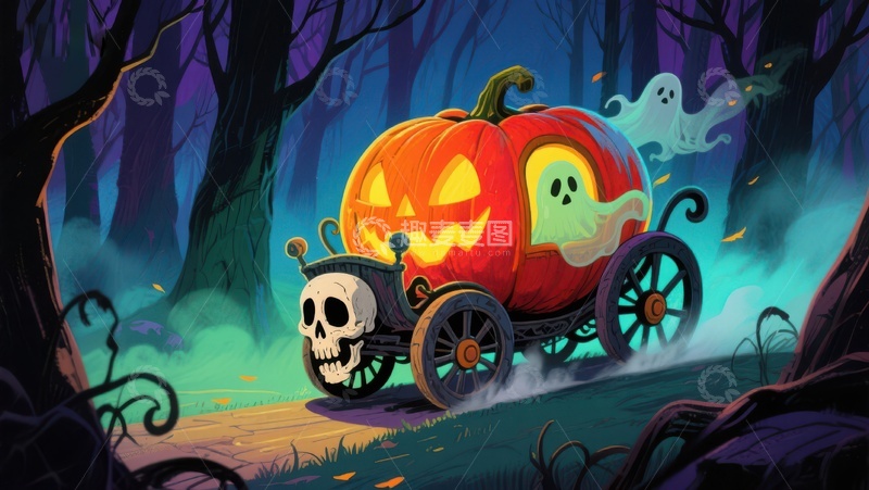 高清大图下载【趣麦麦图】万圣节南瓜车在幽灵森林中穿行