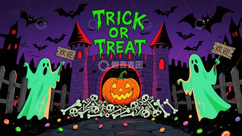 高清大图下载【趣麦麦图】万圣节城堡前的幽灵与南瓜灯