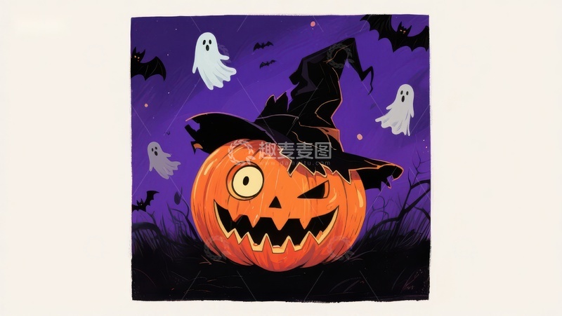 高清大图下载【趣麦麦图】万圣节南瓜灯与幽灵蝙蝠