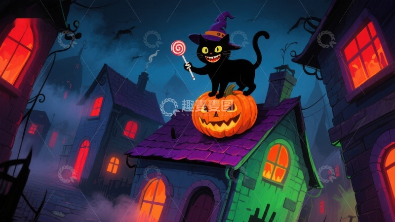 高清大图下载【趣麦麦图】万圣夜猫巫师屋顶南瓜灯