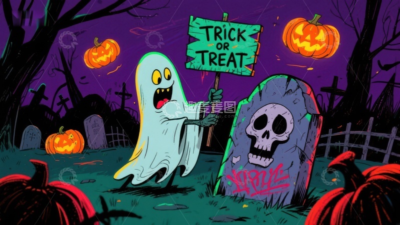 高清大图下载【趣麦麦图】万圣节幽灵与墓碑的欢乐场景