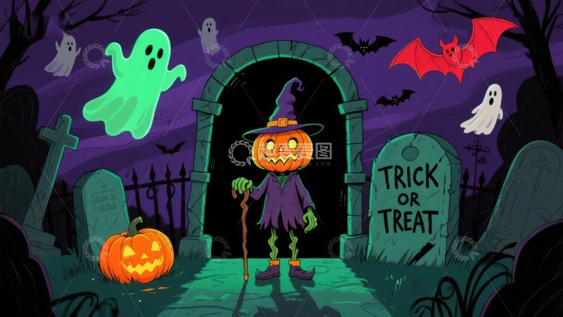 高清大图下载【趣麦麦图】万圣节南瓜人墓地探险