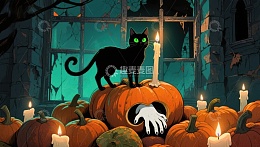 万圣夜黑猫与南瓜灯