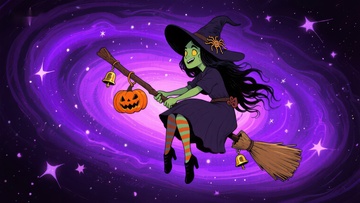 巫女骑扫帚夜空飞翔