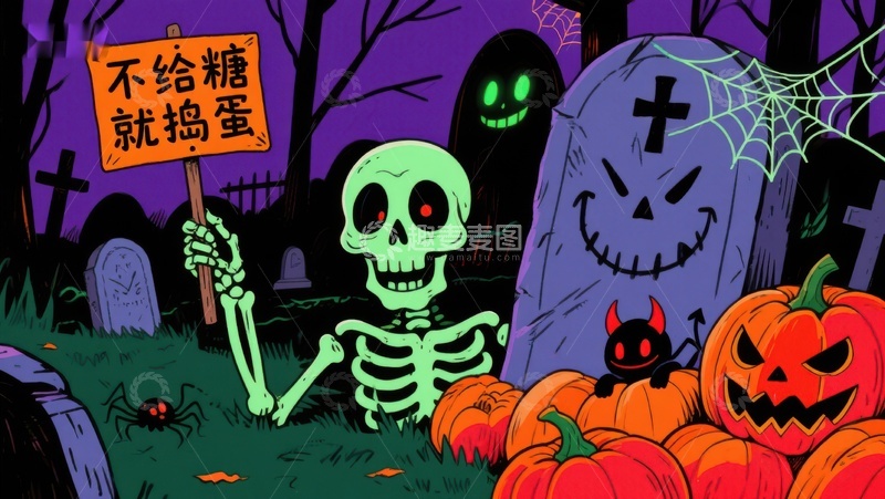 高清大图下载【趣麦麦图】万圣节骷髅手持标语，墓地南瓜灯夜景