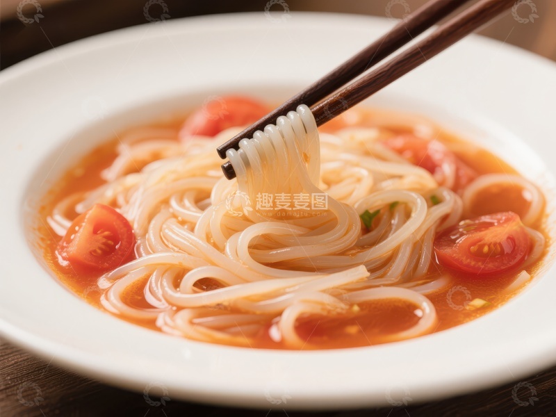 高清大图下载【趣麦麦图】筷子夹起的米粉与番茄汤