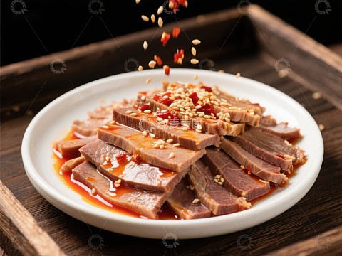 香辣卤牛肉片，撒芝麻红椒点缀
