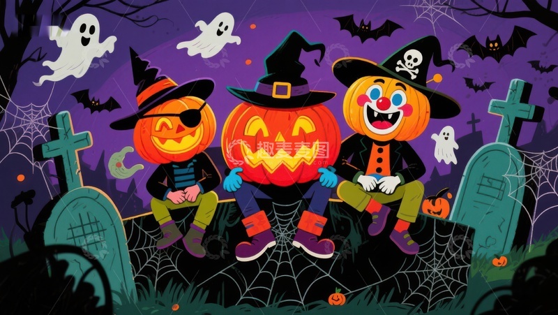 高清大图下载【趣麦麦图】万圣节南瓜灯小丑与巫师