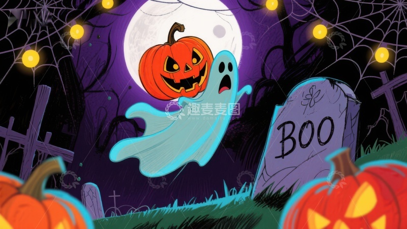高清大图下载【趣麦麦图】万圣节夜景：南瓜与幽灵