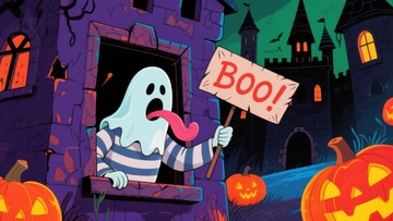 鬼魂手持‘BOO!’标牌，城堡背景的万圣节场景