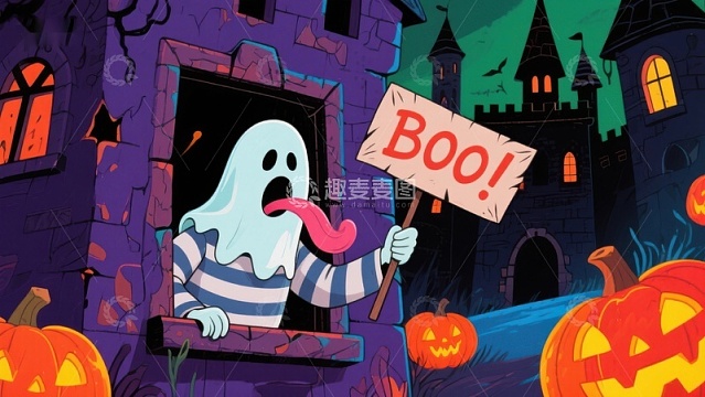 鬼魂手持‘BOO!’标牌，城堡背景的万圣节场景