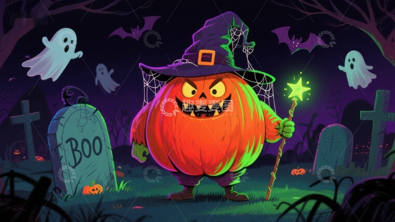 高清大图下载【趣麦麦图】万圣节南瓜巫师夜景