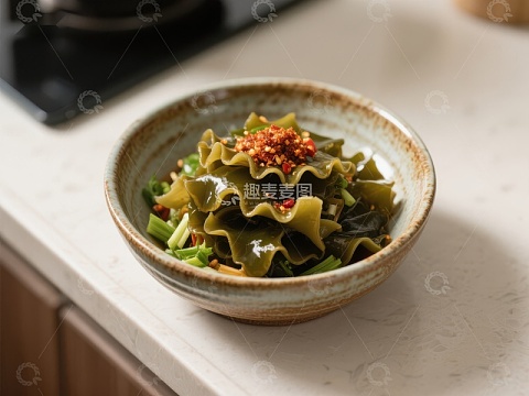 海带拌菜置于陶瓷碗中