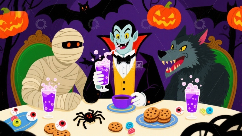 高清大图下载【趣麦麦图】万圣节派对：木乃伊、吸血鬼与狼人共饮