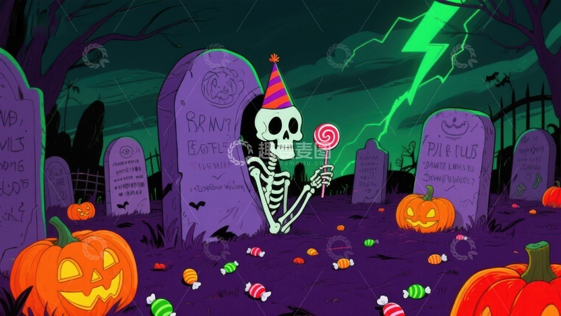 高清大图下载【趣麦麦图】万圣节墓地中的骷髅与糖果