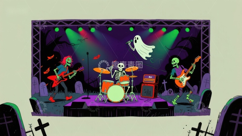 高清大图下载【趣麦麦图】万圣节骷髅乐队表演