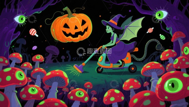 高清大图下载【趣麦麦图】万圣夜巫女骑车穿行奇幻森林
