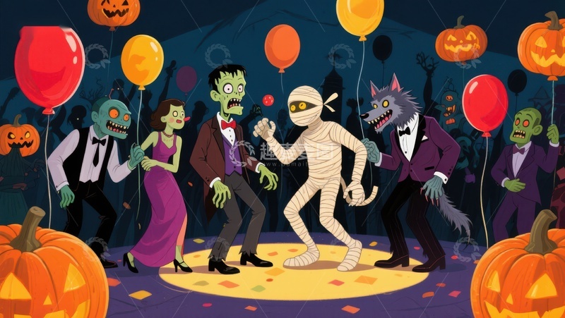 高清大图下载【趣麦麦图】万圣节派对：怪物们欢乐舞动