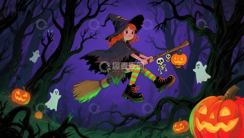 高清大图下载【趣麦麦图】万圣节女巫骑扫帚夜行