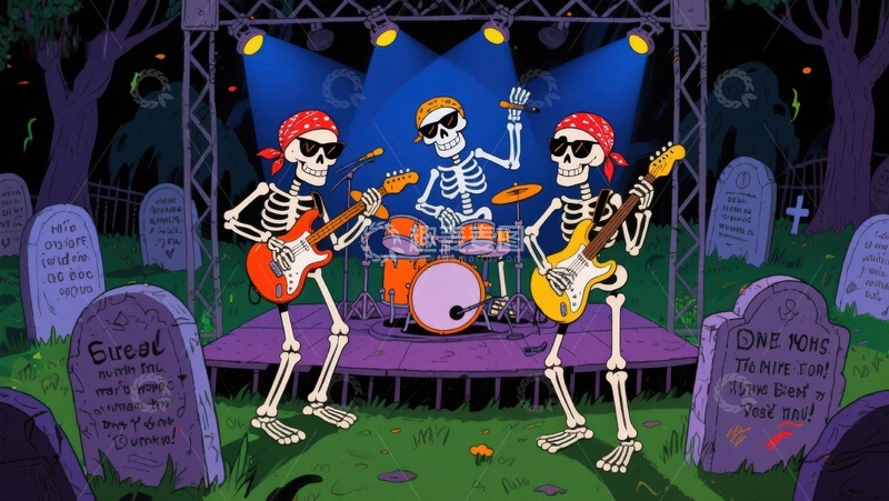 高清大图下载【趣麦麦图】骷髅乐队在墓地舞台表演