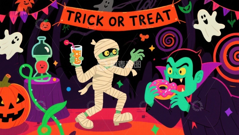 高清大图下载【趣麦麦图】万圣节派对：木乃伊与吸血鬼的欢乐时光