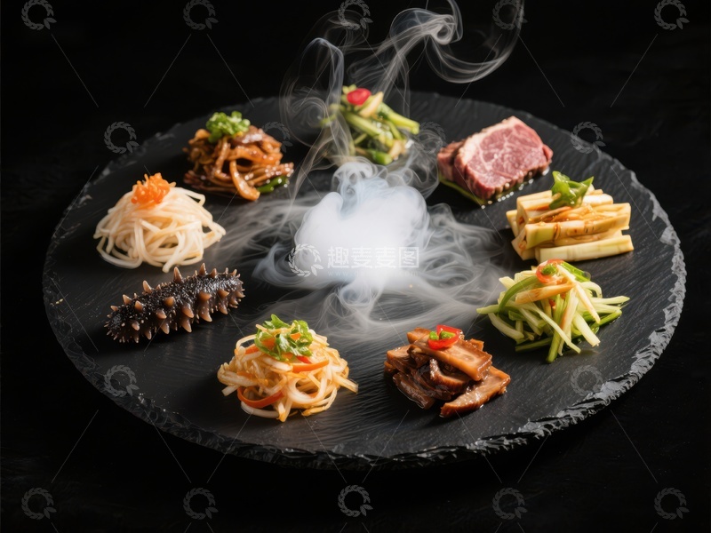 高清大图下载【趣麦麦图】精致料理拼盘，烟雾缭绕增添神秘感
