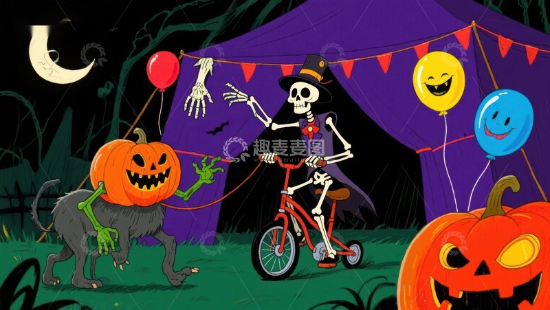 高清大图下载【趣麦麦图】万圣节夜景：骷髅骑车与南瓜灯
