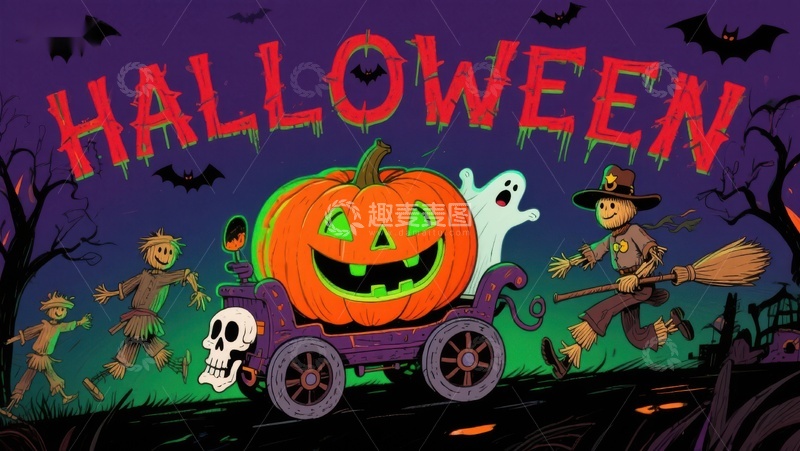 高清大图下载【趣麦麦图】万圣节南瓜车与幽灵巫师