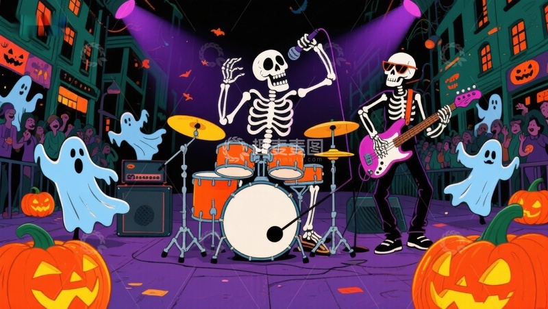 高清大图下载【趣麦麦图】骷髅乐队万圣节街头表演