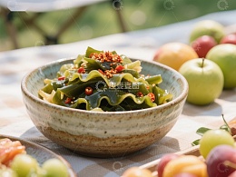 清新海带拌菜与水果的户外野餐