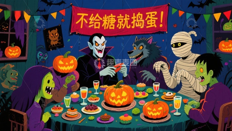 高清大图下载【趣麦麦图】万圣节派对：妖怪们共进晚餐