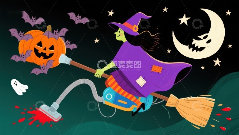 高清大图下载【趣麦麦图】万圣夜女巫骑帚吸尘