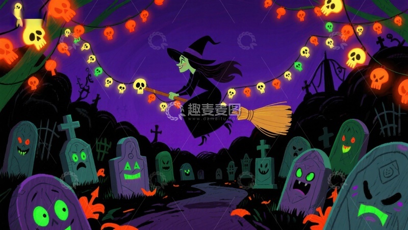 高清大图下载【趣麦麦图】万圣夜巫女飞越墓地
