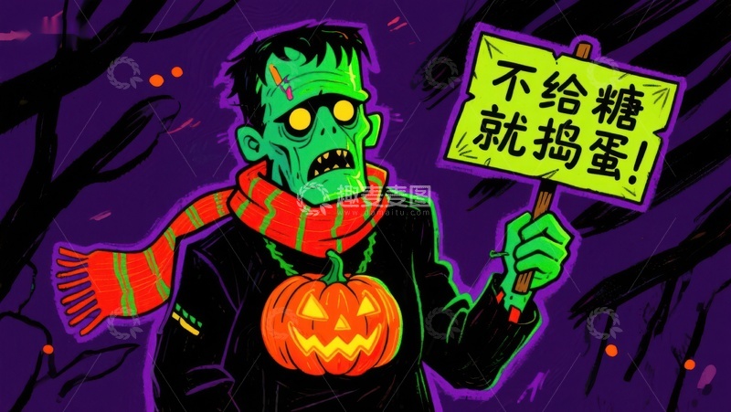 高清大图下载【趣麦麦图】万圣节绿色怪物手持南瓜灯和标语