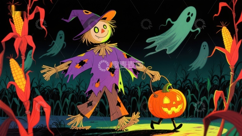 高清大图下载【趣麦麦图】万圣节稻草人与南瓜灯