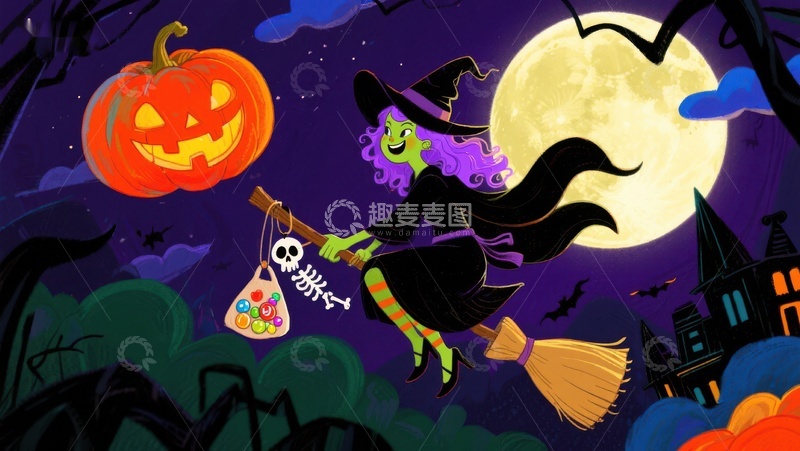 高清大图下载【趣麦麦图】万圣夜巫女飞天