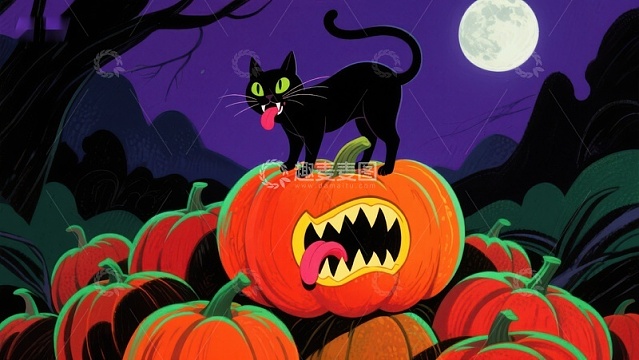 万圣夜黑猫与南瓜灯