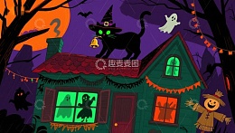 万圣节夜景：黑猫屋顶与幽灵小屋