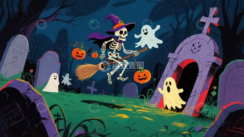 高清大图下载【趣麦麦图】万圣节骷髅巫师夜游墓地