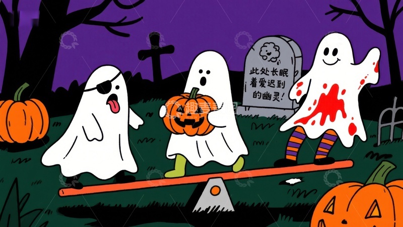 高清大图下载【趣麦麦图】万圣节幽灵在墓地玩耍