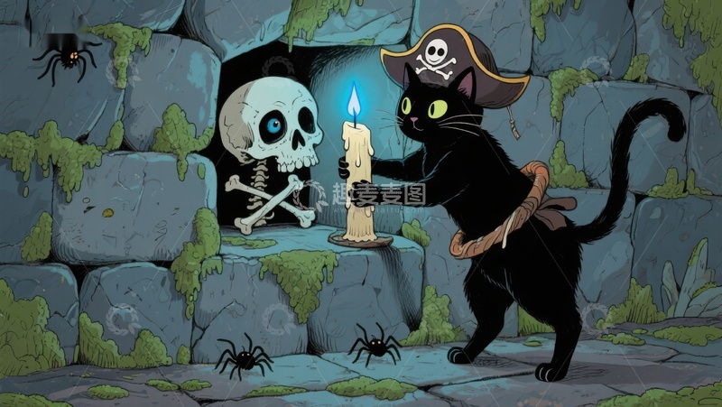 高清大图下载【趣麦麦图】黑猫探险骷髅洞穴