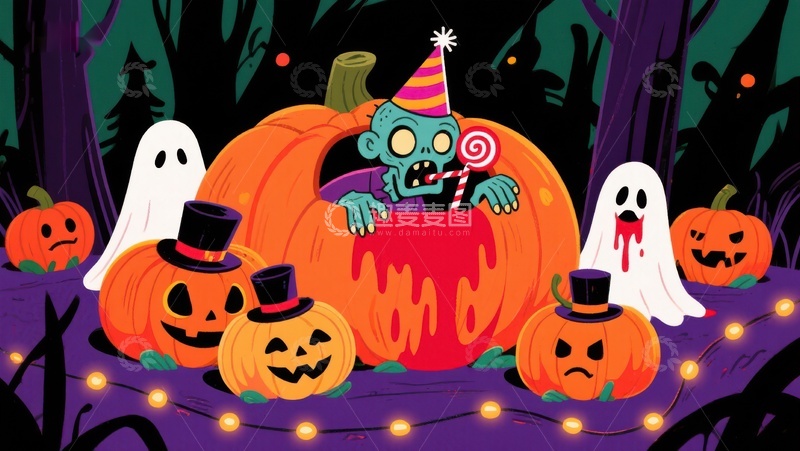 高清大图下载【趣麦麦图】万圣节南瓜灯与幽灵的欢乐夜