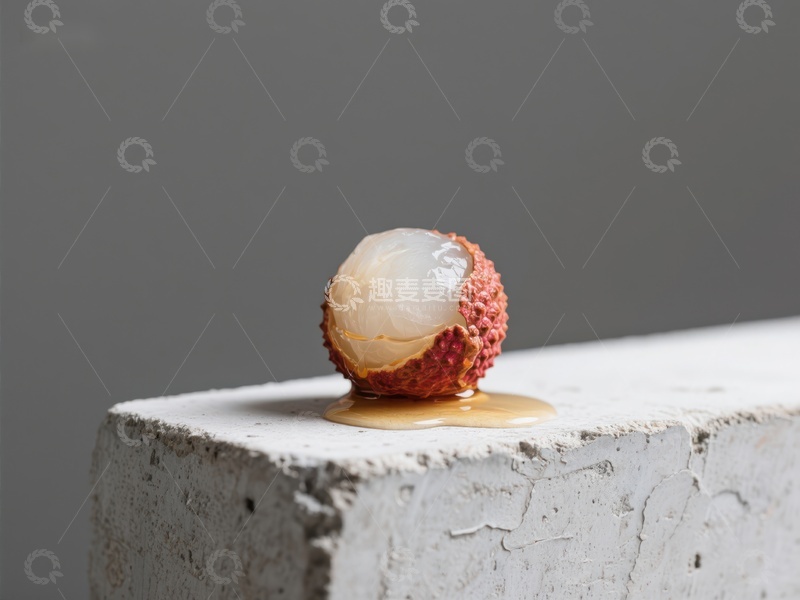 高清大图下载【趣麦麦图】新鲜荔枝置于水泥块上，果汁滴落