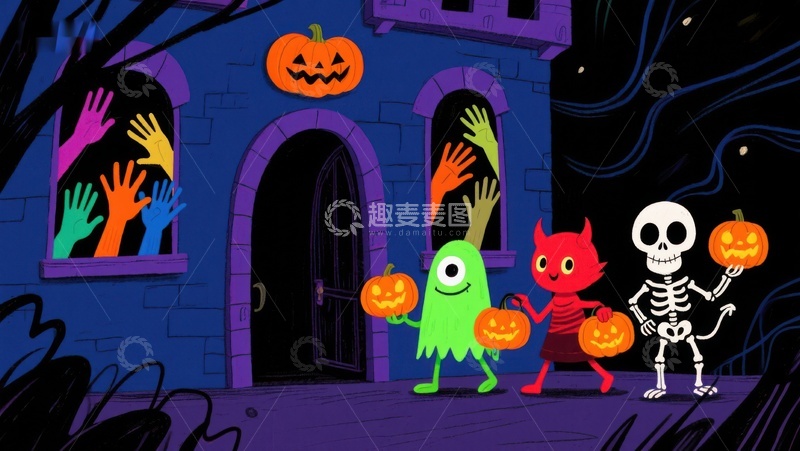 高清大图下载【趣麦麦图】万圣节夜，卡通角色门前欢庆