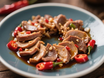 香辣卤肉拼盘，配以红椒点缀